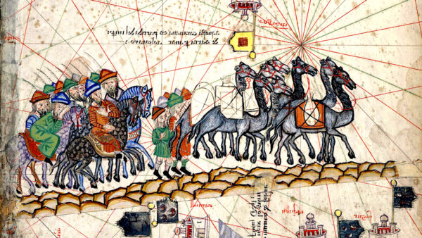 A close up of the Catalan Atlas depicting Marco Polo travelling to the East during the Pax Mongolica