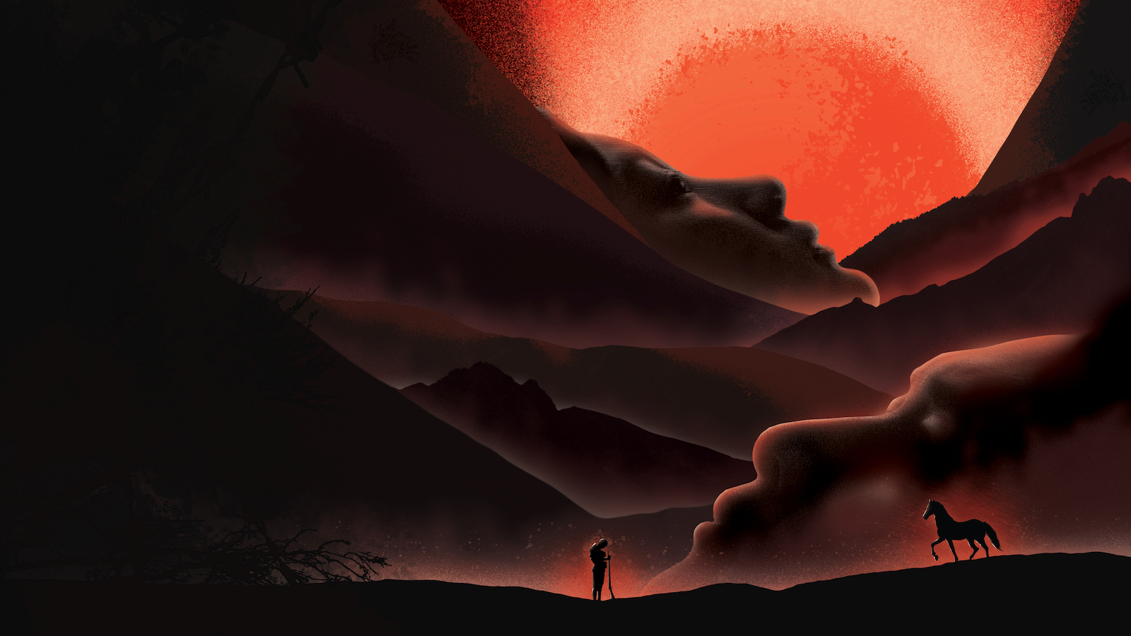 An illustration of a dark landscape where some of the mountains resemble human faces. An orange sun looms large in the horizon, and a lone figure and horse stand at the bottom.